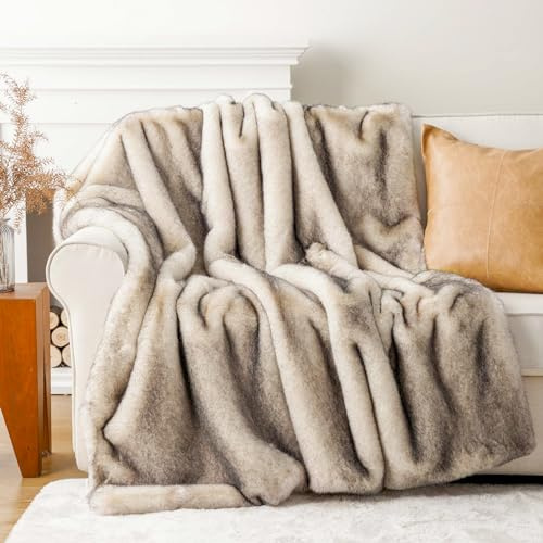Battilo Kunstpelzdecke Creme graue Streifen Spitzen 125x150cm | Kunstpelz, creme mit grauen Streifen & Spitze, weich & flauschig, elegantes Design, Chemischreinigung