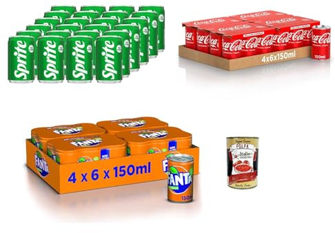 Testpaket Sprite Fanta spritziges Erfrischungsgetränk mit fruchtigem Geschmack, erfrischender Softdrink in Einweg mini Dosen (72 x 150 ml) + Italian Gourmet polpa 400g