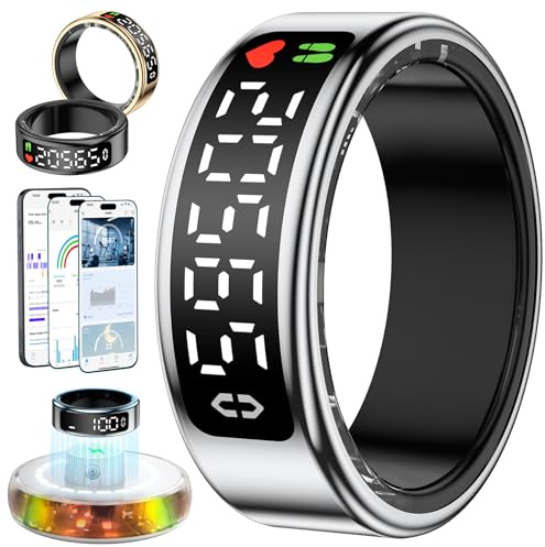 Smart Ring für Damen Herren, Smartringe mit LED Anzeige, Fitness Tracking Ring IP68, Schlaf Health Ring, Gesundheitsring mit Android/iOS,Schrittzähler/Herzfrequenz/SpO2/Aktivitätstracker (Silber, 10)