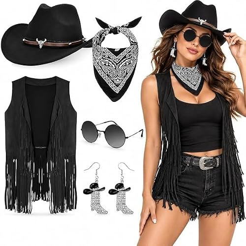 OJMHD 5er Set Western Cowgirl Kostüm für Damen, Halloween CowBoy Outfits | Enthalten Fransenweste Cowboy hut, Ohrringe Hippie-Brille Bandana & Blumen-Stirnband Zubehör – Karneval, Mottoparty, Fasching