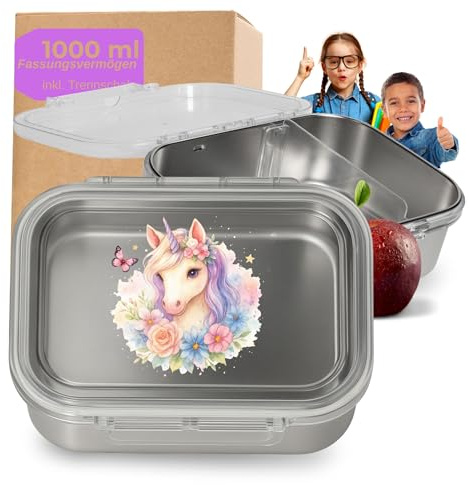 Edelstahl Brotdose Storage 1000 ml - Kinder Vesperbox mit Einhorn-Motiv