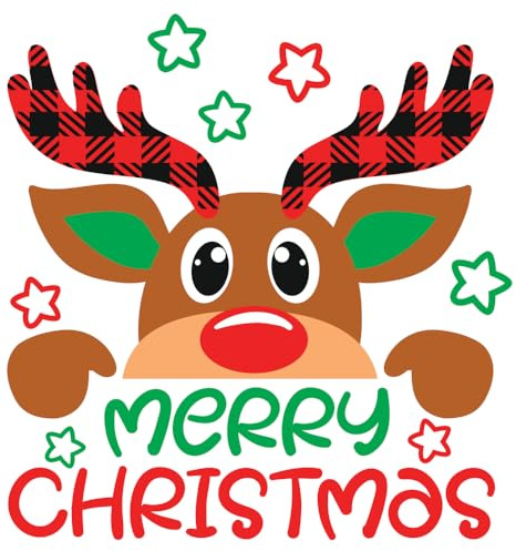 Merry Christmas, Iron-On Xmas Transfer, Reindeer, Childs Childrens Kids Adults Decoration Gift Present Idea for Clothing T- Shirts, Decal Sticker - (1 x 21cm x 21cm Transfer)