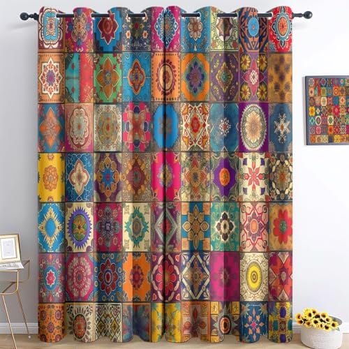 DSRDRFG Vorhänge Blickdicht im böhmischen Ethno-Stil Gardinen mit ösen 2*140x145cm(BxH) Traditionelle Indische Geometrie Quadratische Blumen Verdunkelungsvorhänge für Schlafzimmer, Wohnzimmer, 2er Set