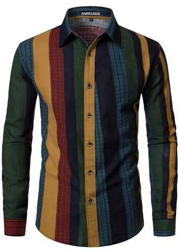 PARKLEES Men's Cotton Linen 70s Disco Retro Traditional Pattern Printed Long Sleeve Button Down Shirt Colorful Stripe Large