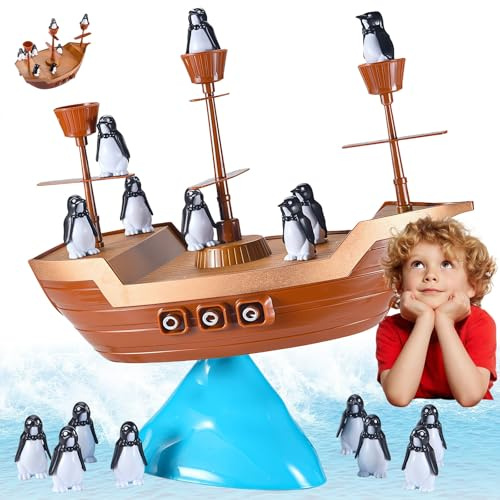 Yagerod Pinguin Piraten Schiff Gleichgewichtsspiel, Pinguin Spiel, Gleichgewichtsspiele für Kinder mit 16 Pinguin, Verbessert Spielerisch Balancegefühl und Feinmotorik, Lernen Durch Unterhaltung