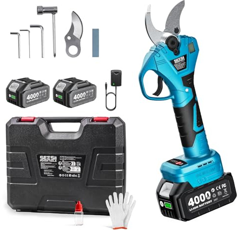 SEESII Sécateur Électrique 800W, Sécateur sans Fil avec 2 Batteries 4.0Ah, Diamètre de Coupe 40mm, Lames SK5, Sécateur à Batterie pour Jardin et Arboriculture