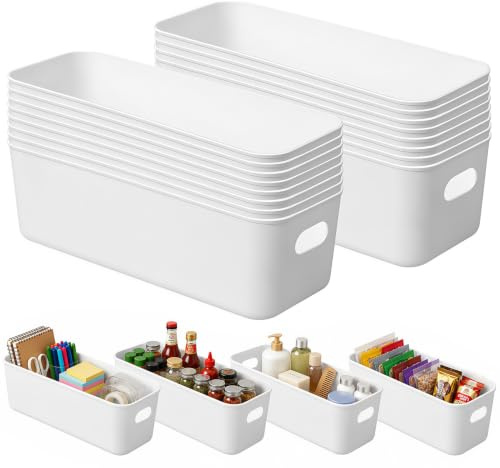 16 pcs Narrow Storage Box, 26.8 x 8.8 x 9.5cm Plastic Storage Basket | Slim Kitchen Cupboard Organiser Storage Boxes with Handle for Bathroom Office Cosmetics Storage （White)