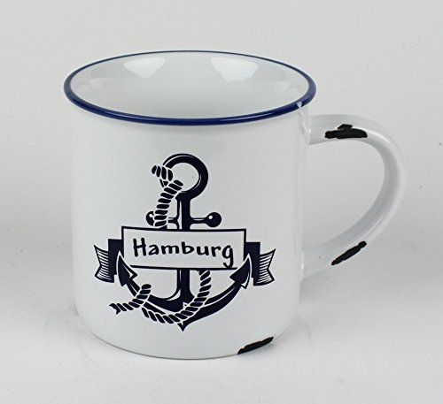 Buddel-Bini Hamburg Anker Kaffeebecher Kaffeepott weiß BLAU Rusty Emaille-Optik Tasse Becher