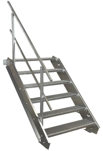6 Stufen Stahltreppe mit einseitigem Geländer/Breite 110cm Geschosshöhe 90-120cm / Robuste Außentreppe/Wangentreppe/Stabile Industrietreppe für den Außenbereich/Inklusive Zubehör
