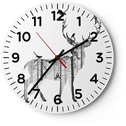 Modern Wanduhr Hirsch Herbst Wald Illustration 30x30cm Rund Klein Wand Uhr Glas Analog Zimmeruhren Küche Büro Wohnzimmer Glasuhr Wall Clock Dekoration Design Wanddekoration Küchenuhr C4AR30x30-3159