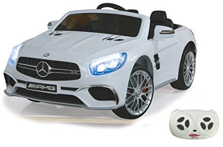 Jamara 460296 – Ride-on Mercedes SL65 White 12V – Soft Start, 2-Speed, Ultra-Grip Rubber Belt, Shock Absorber, Aux & USB Port, LED, 2 Powerful Drive Motors and Battery for Long Drive Time Up to 90 min