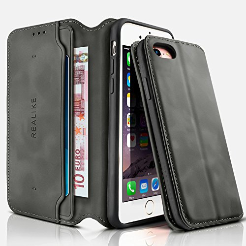 REALIKE iPhone 7 case iphone 8 case Leather Folio Flip Book Wallet Case with Slots Card Holder Pocket Magnetic Closure Shockproof Bumper Protection Case for Men and Women-Grey Black Color