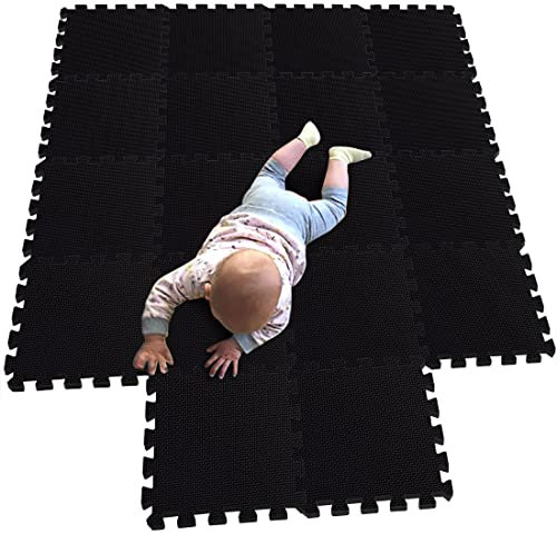 MQIAOHAM Interlocking Weichschaum Bodenmatten Eva Puzzle Fliesen Bodenschutz Set Bodenschoner Oberflächenschutz Unterlagsmatte für Sportübungen Gym Fitness Keller Garage Workshop schwarz 104
