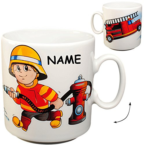 alles-meine.de GmbH große Tasse - Trinkbecher/Henkeltasse - Feuerwehr - Feuerwehrmann & Feuerwehrauto - inkl. Name - 260 ml - aus Porzellan/Keramik - Trinklerntasse - Jun..