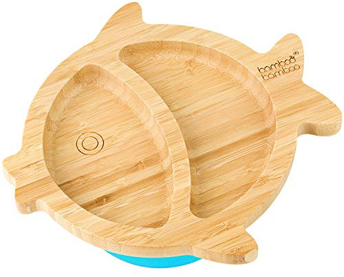 bamboo bamboo Baby Teller Kinderteller, Kindergeschirr mit Saugnapf, Sugnapf Teller Baby ab 6 Monaten (Fisch, Blau)