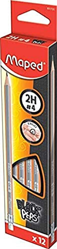 Maped – Box mit 12 Bleistiften Graphit Aveec Radiergummi, Härtegrad 2H, aus Holz