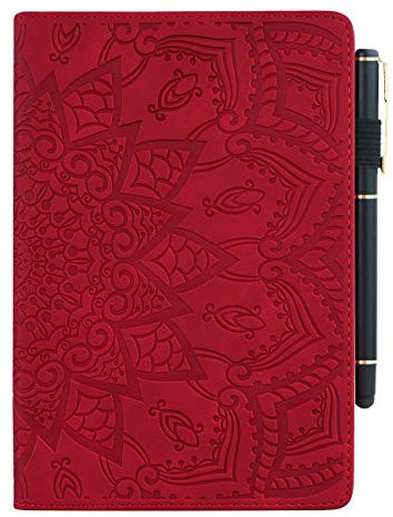 Succtop Funda iPad 7ma Generación iPad Air 3/iPad Pro 10.5 Funda de Cuero con Tapa Billetera Soporte Tableta con Titular Pluma Carcasa iPad 2019 10.2 Pulgadas Mandala Flor En Relieve Rojo