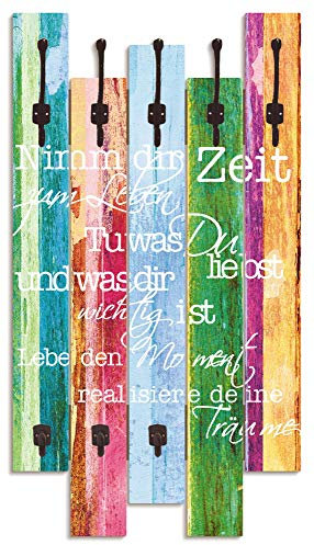 ARTLAND Wandgarderobe Garderobenpaneel Holz mit 8 Haken 63x114 cm Design Garderobe mit Motiv Zitat Shabby Chic Bunt T9IL
