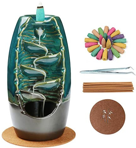 Rückfluss-Räuchergefäß, Blaue Keramik-Wasserfall-Räucherstäbchenhalter, Räucherstäbchenhalter, Heimdekoration, mit 120 Räucherkegeln und 30 Räucherstäbchen