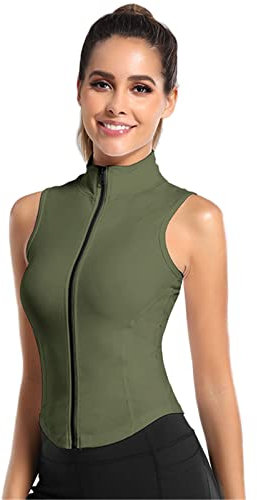 SotRong Ärmellose Trainingsshirts für Damen Durchgehender Reißverschluss Yoga-Weste Schmale Passform Sport-Tanktops Armeegrün M
