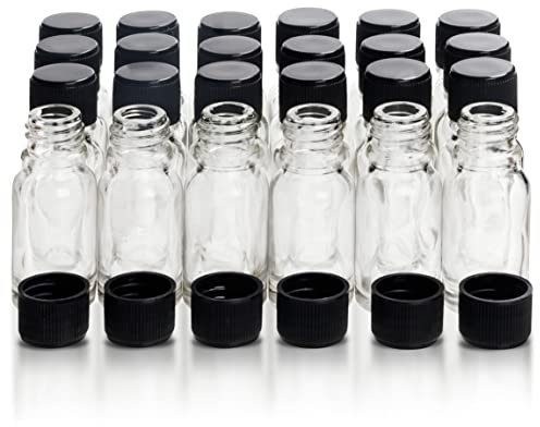 BELLE VOUS Mini Botellas Cristal Transparente (Pack de 24) 10 ml - Frascos de Vidrio Vacíos Viales para Muestras con Tapa Negra de Rosca – Aceites Esenciales, Manualidades y Regalitos de Bodas