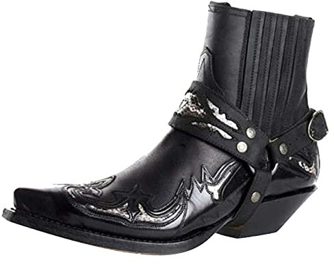 Stivali da moto da uomo Western Cowboy Stivaletti Retro a punta tacco basso in pelle Stivali da motociclista Stivali Hort Stivali da cavallo, Nero 01, 39 EU