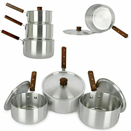 SONEX 3Pc Aluminium Casserole Cookware Sauce + Lids Pan Pot Gift Set Kitchen Cookware|16cm+18cm+21cm Long Wooden Handle Pots cookware Saucepan Set