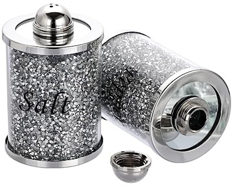 GlamifiedCrushed Diamond Crystal Filled Salt and Pepper Shakers, Silver Sparkle Canisters Sprinklers, Crushed Diamond Kitchen Accessories, Ideal for Gifting, Luxury Bling Storage Spice Glass Jars