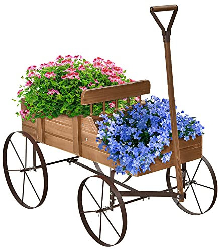 GOPLUS Jardiniere Balcon Forme Brouette avec 4 Roues en Métal, Brouette Decorative en Bois avec 2 Bac de Plantation Séparés avec Trous de Drainage pour Fleur, Charge 15kg, 35×63×62,5 CM (Marron)