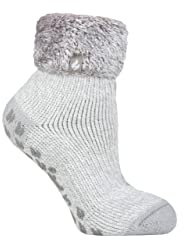 HEAT HOLDERS Ladies Lounge Feather Turn Over Cuff Slipper Socks Pack of 1 Queenstown Plain Silver Grey 4-8