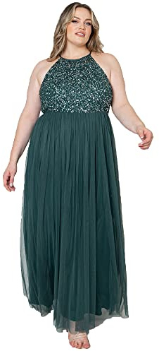 Maya Deluxe Women's Ladies Bridesmaid Maxi Dress Halter Neck Sequin Embellished Prom Graduation Wedding, Emerald Green, 24