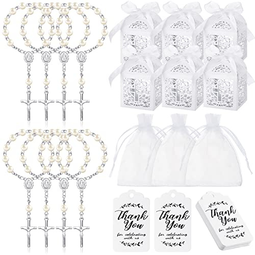 200 Stück Taufbevorzugungs-Set, 50 Stück Mini-Rosenkranz, 50 Stück Organza-Beutel mit Kordelzug, 50 Stück Dankesanhänger für Babys Taufe Kommunion Küche (weiß)