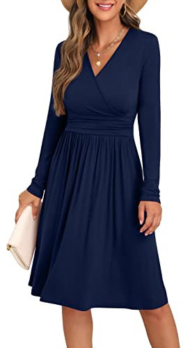 GRECERELLE Womens Autumn Wrap Dress Ladies Casual Long Sleeve V-Neck Midi Dresses for Women (Navy Blue, XL)