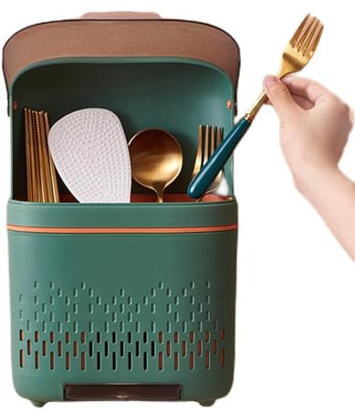 Nikou Escurridor de Cubiertos, Organizador de Cubiertos escurridor compartimentado con Tapa para Cocina(Verde)