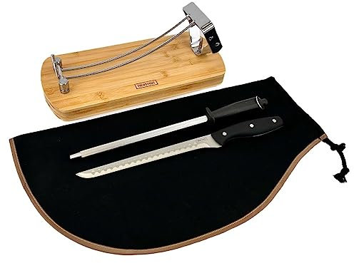 Jamonero Plegable de Acero y Bambú + Cubre Jamon Negro + Afilador manual + Cuchillo Jamonero