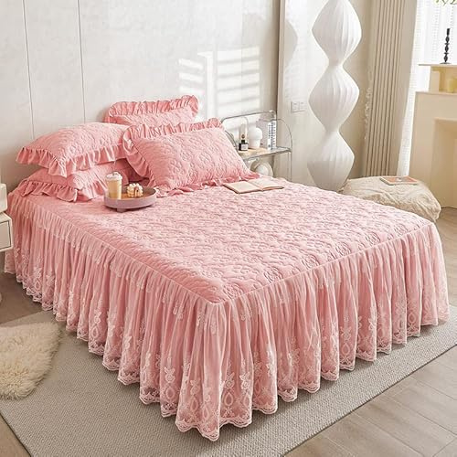 Zhiyuan Couvre-lit matelassé à texture froissée avec motif floral et jupe à volants en dentelle 200 x 220 x 40 cm, Rose