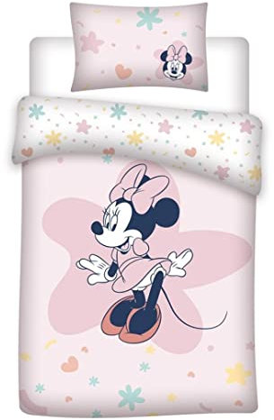 AYMAX Parure de Lit Bébé Minnie, 100% Coton, Housse de Couette 100x140 cm + Taie d'oreiller 40x60 cm, Rose