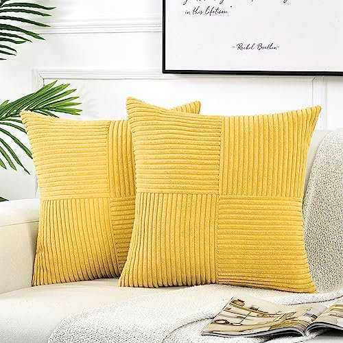 Fancy Homi Dekorative Kissenbezüge für Wohnzimmer, Couch, Bett, Sofa, rustikales Bauernhaus, Boho, Heimdekoration, weicher Cord, Corss-Patchwork, Akzent, quadratisch, 55 x 55 cm, gelb, 2 Packungen