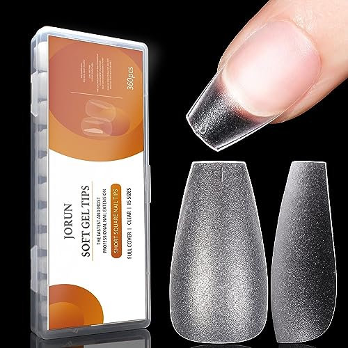 360 Pcs Short Coffin Nail Tips Full Cover Clear Nail Tips 15 Kinds Sizes Double-Sided Matte No File Frosted for Gel Extensions