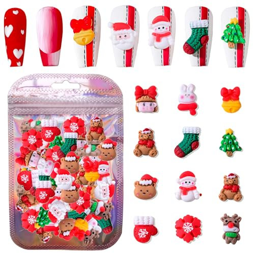 50pcs 3D Christmas Nail Art Charms Mixed Christmas Resin Charms Making Supplies - Cartoon Santa Claus, Elk, Xmas Tree, Gloves, Snowman Nail Accessories