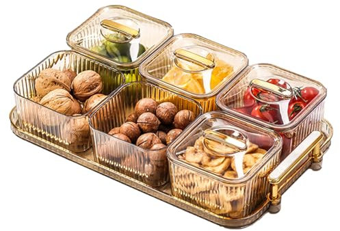 Snackschale,Servierplatte mit Deckel,Snackteller mit 6 Einzelnen Fächern Servierteller Glas Süssigkeiten Teller Set für Nüsse Getrocknete Früchte Snacks Süßigkeiten Keks