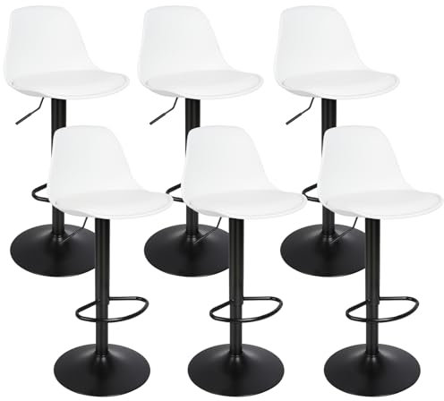 HUOLE Lot de 6 Tabourets de Bar avec Dossier et Repose-Pieds,Réglable en Hauteur et Rotative à 360°,Chaises de Bar Cuisine en Plastique,Robuste et Ultra Silencieux-6pc-B Blanc Pur