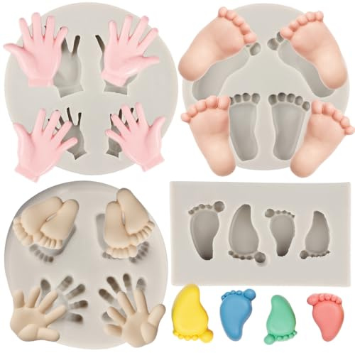 MYPRACS Lot de 4 moules en silicone pour fondant en forme de pied de bébé - Moules en silicone pour fête prénatale - Décoration de gâteau - Décoration de cupcake - Argile polymère - Pâte au chocolat