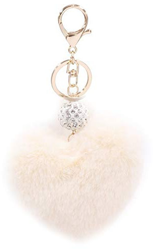 Xsclpomddy Künstliche Kaninchenhaar Flauschigen Liebesherz Pom Pom Schlüsselanhänger Glitzer Kristallstrass Taschen Koffer Rucksäcke Zubehör Charm Auto Schlüsselring für Mädchen,Beige