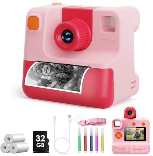 Appareil Photo Enfant Instantanée,1080P Appareil Photo Numérique Enfant avec Papier d'impression & Carte TF 32G, Stylo 5 Couleurs,Cadeau pour Filles Garçons de 3-10 Ans (Rose)