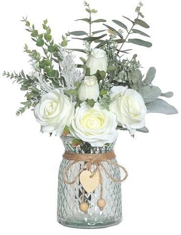 Fiori Finti con Vaso, Rose di Seta Artificiale Fiori in Vaso, Composizione di Fiori Artificiali con Vaso di Vetro Rosa Finta per Decorazione Centrotavola, Soggiorno Bagno Pianta Decor(bianco)