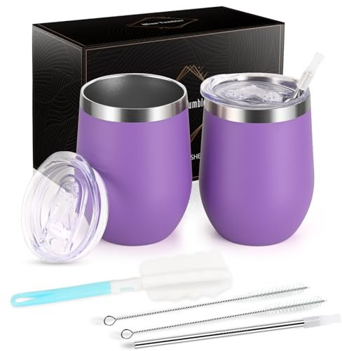 Joymaking 12oz Reusable Coffee Cup, 2 Pack Double Walled -Insulated Travel Mug Vacuum Stainless Steel Wine Tumbler with Spill Proof Lid, Great for Coffee, Tea, Milk and Wine, Purple