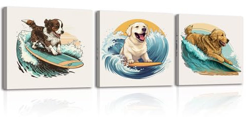Piy Painting Tier Bilder Kit Bild eines Hundes beim Surfen, Moderne Wanddekoration, Niedliches Welpen Wandbild Poster Kunstdrucke Bild auf Leinwand für Küche, Geburtstagsgeschenke 3 Stück 30x30 CM