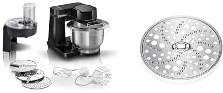 Bosch Küchenmaschine Serie 2 MUMS2EB01, Edelstahl-Schüssel 3,8 L & grobe Reibescheibe MUZ45RS1, feine Streifen für Kartoffelpuffer/Rösti