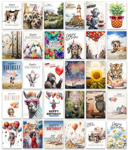 30 verschiedene helle und lustige Geburtstagskarten mit weißen Umschlägen für verschiedene Altersgruppen